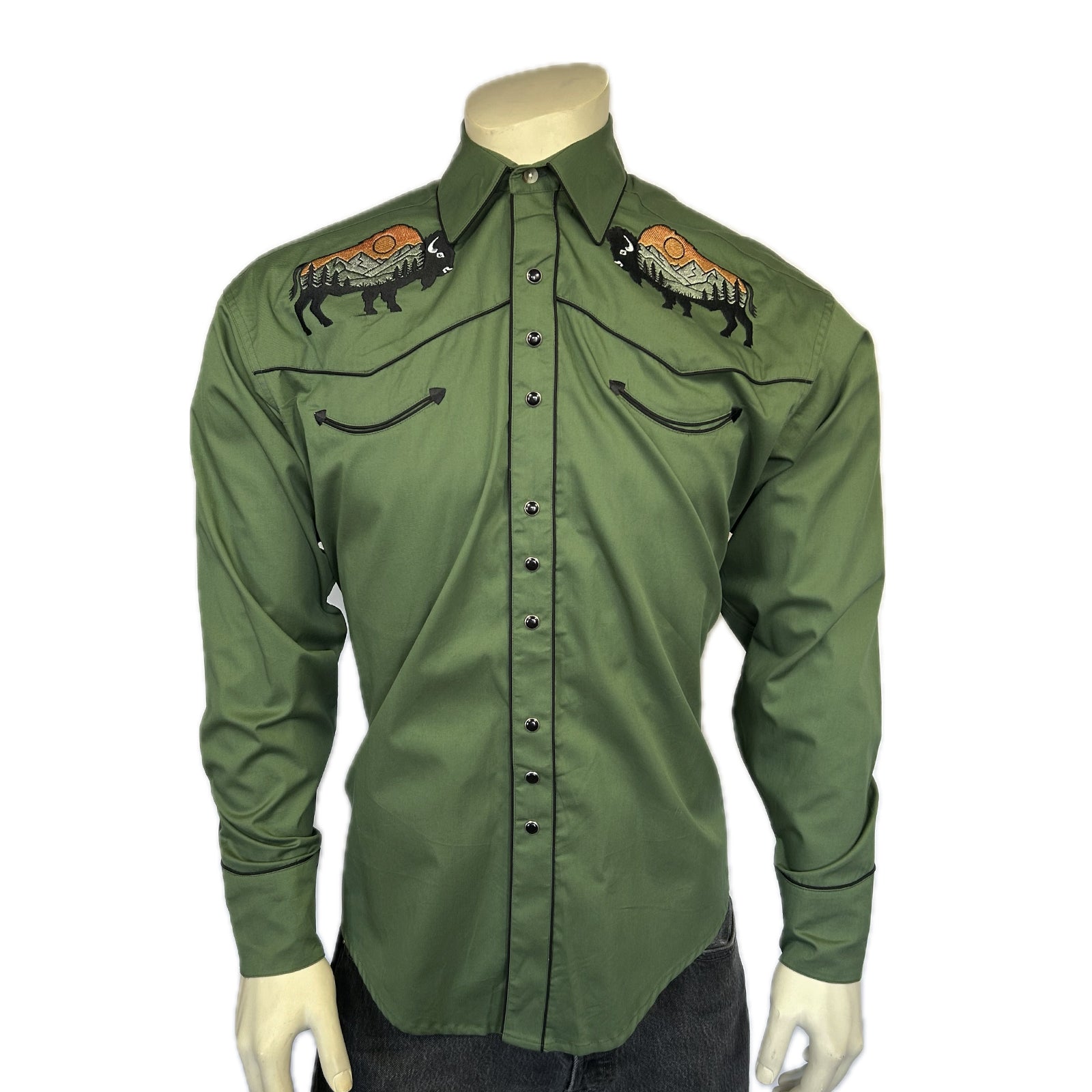 Men’s Green Bison & Mountain Embroidered Western Shirt