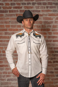 Men’s Ivory Bison & Mountain Embroidered Western Shirt