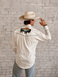 Men’s Ivory Bison & Mountain Embroidered Western Shirt