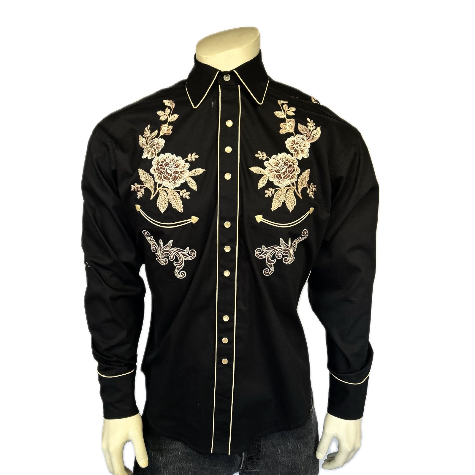 Men’s Black with Tan Floral Embroidery Shirt - Rockmount