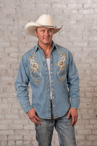 Men’s Denim with Tan Floral Embroidered Western Shirt