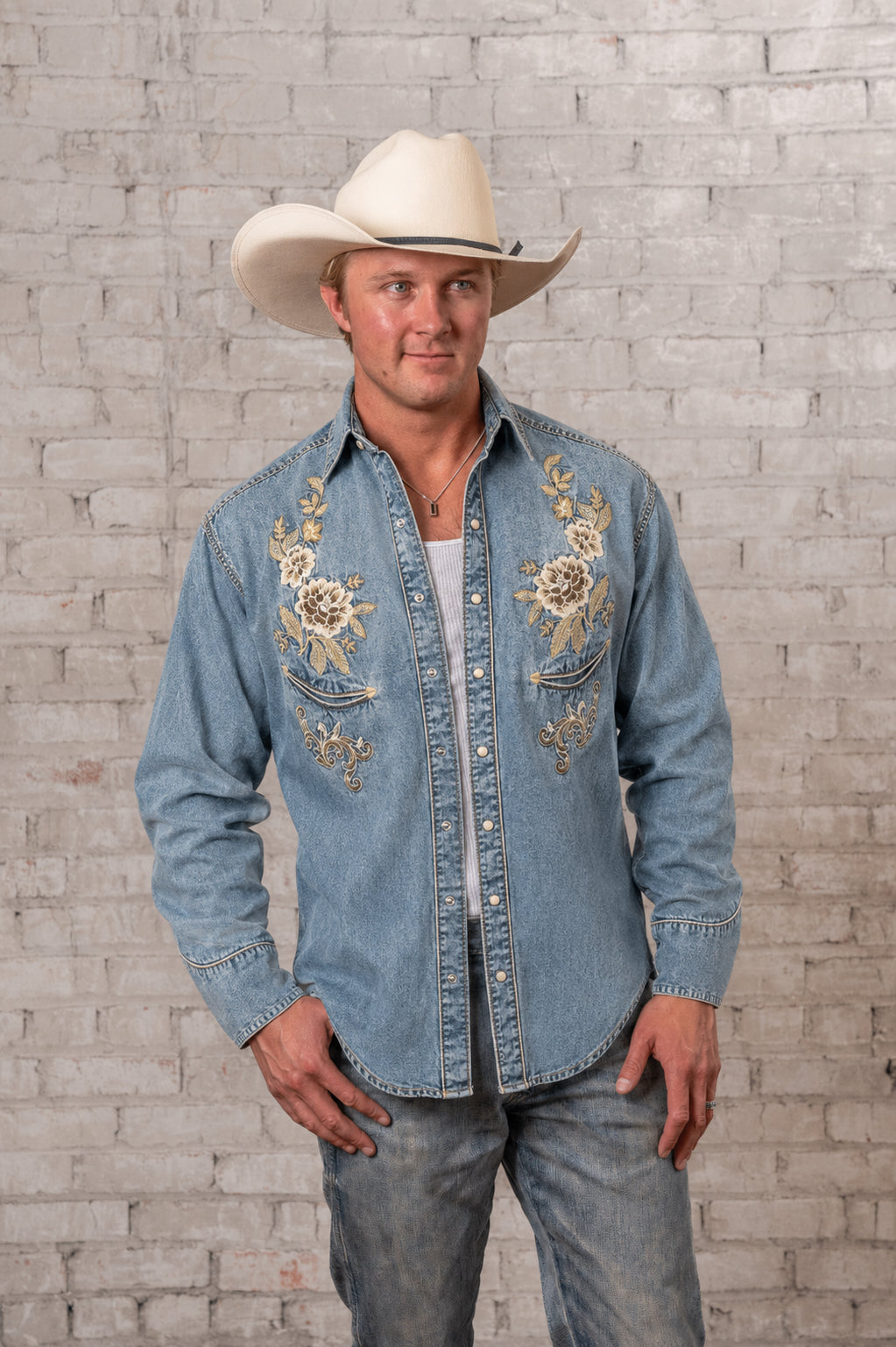 Men’s Denim with Tan Floral Embroidered Western Shirt