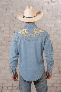 Men’s Denim with Tan Floral Embroidered Western Shirt