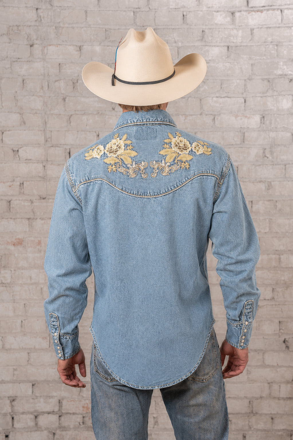 Men’s Denim with Tan Floral Embroidered Western Shirt