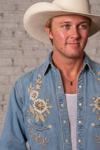 Men’s Denim with Tan Floral Embroidered Western Shirt