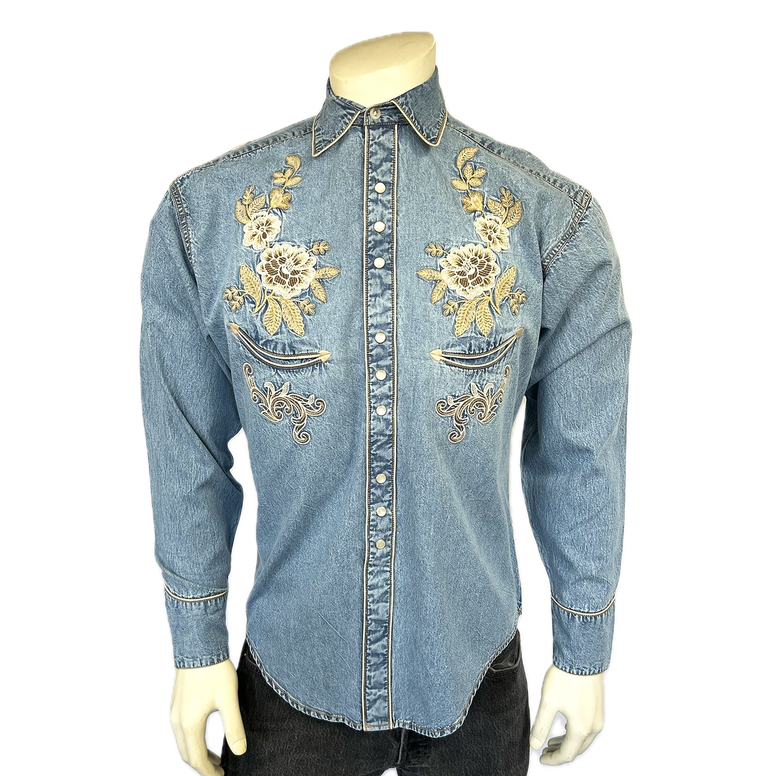 Men’s Denim with Tan Floral Embroidery Shirt - Rockmount