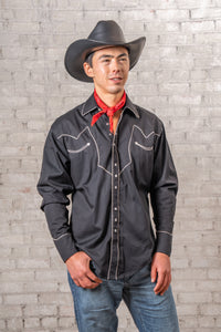 Men's Vintage Solid Black Western Shirt with Piped Lightning Yokes