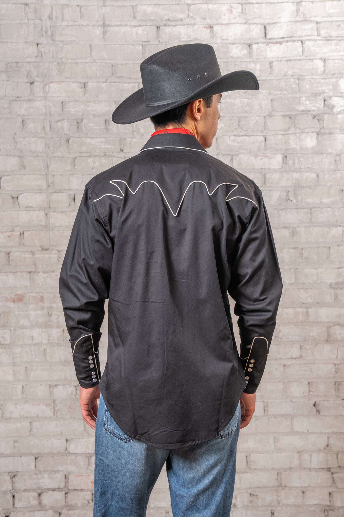 Men's Vintage Solid Black Western Shirt with Piped Lightning Yokes