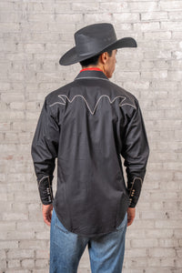 Men's Vintage Solid Black Western Shirt with Piped Lightning Yokes