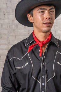 Men's Vintage Solid Black Western Shirt with Piped Lightning Yokes