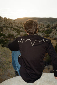Men's Vintage Solid Black Western Shirt with Piped Lightning Yokes by Rockmount Ranch Wear, embroidered arrow smile pockets