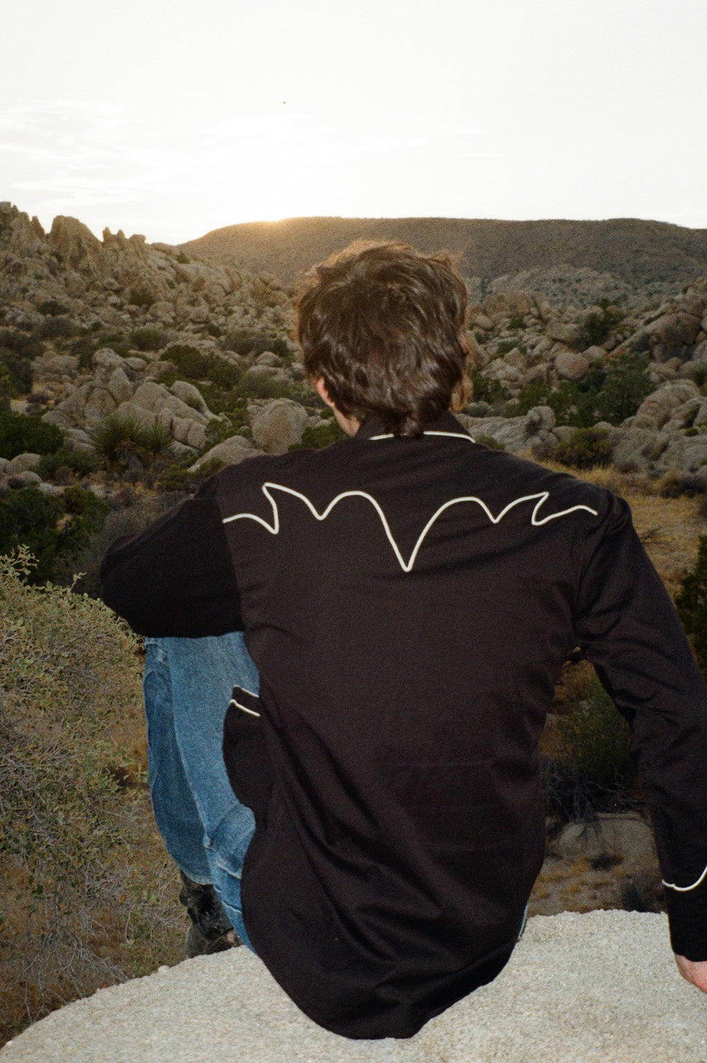 Men's Vintage Solid Black Western Shirt with Piped Lightning Yokes by Rockmount Ranch Wear, embroidered arrow smile pockets
