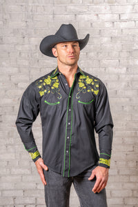 Men's Vintage Black Beer Hops Embroidered Western Shirt