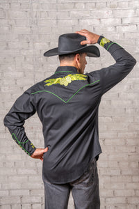 Men's Vintage Black Beer Hops Embroidered Western Shirt