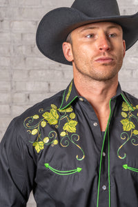 Men's Vintage Black Beer Hops Embroidered Western Shirt