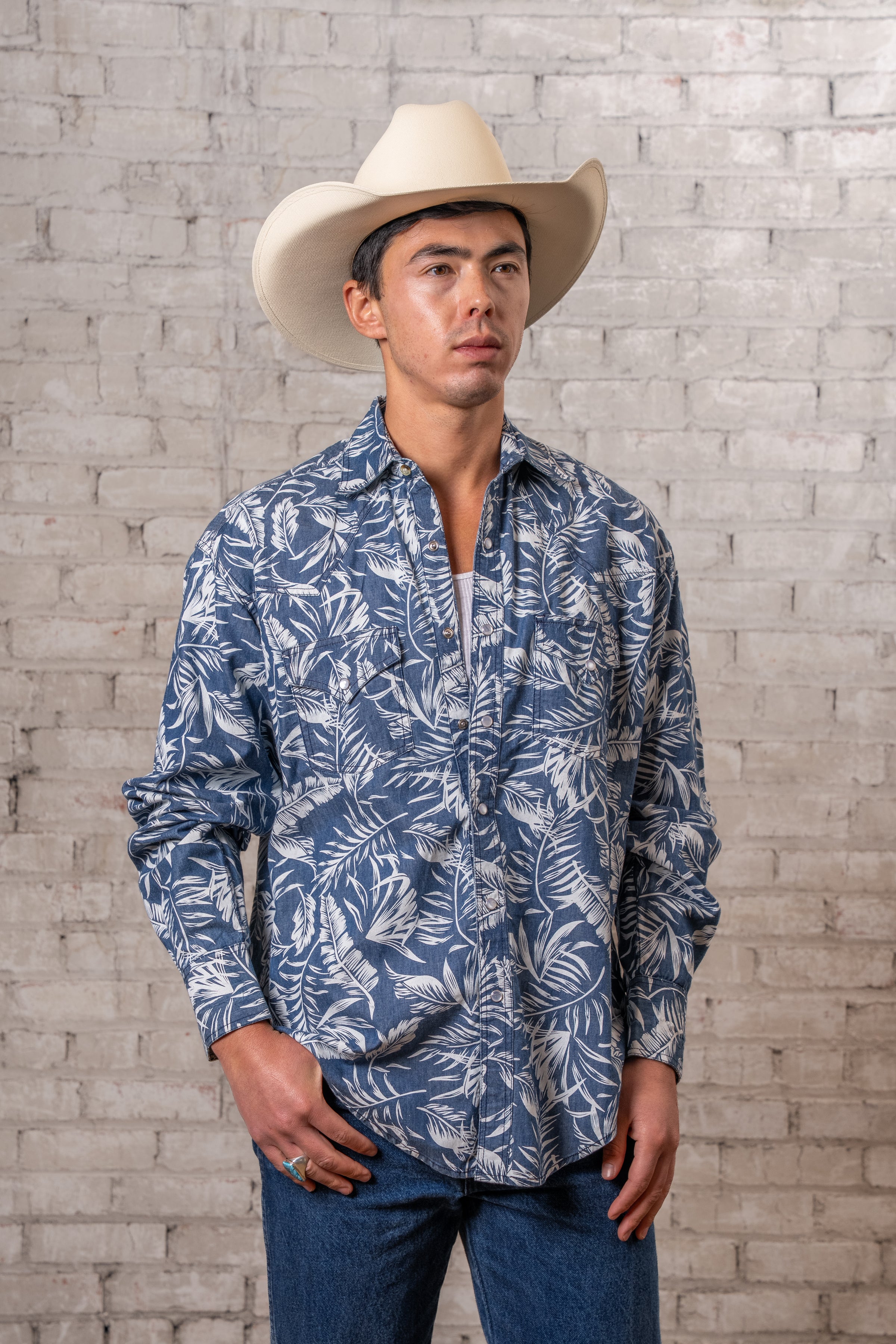 Men's Denim Floral Print Western Shirt
