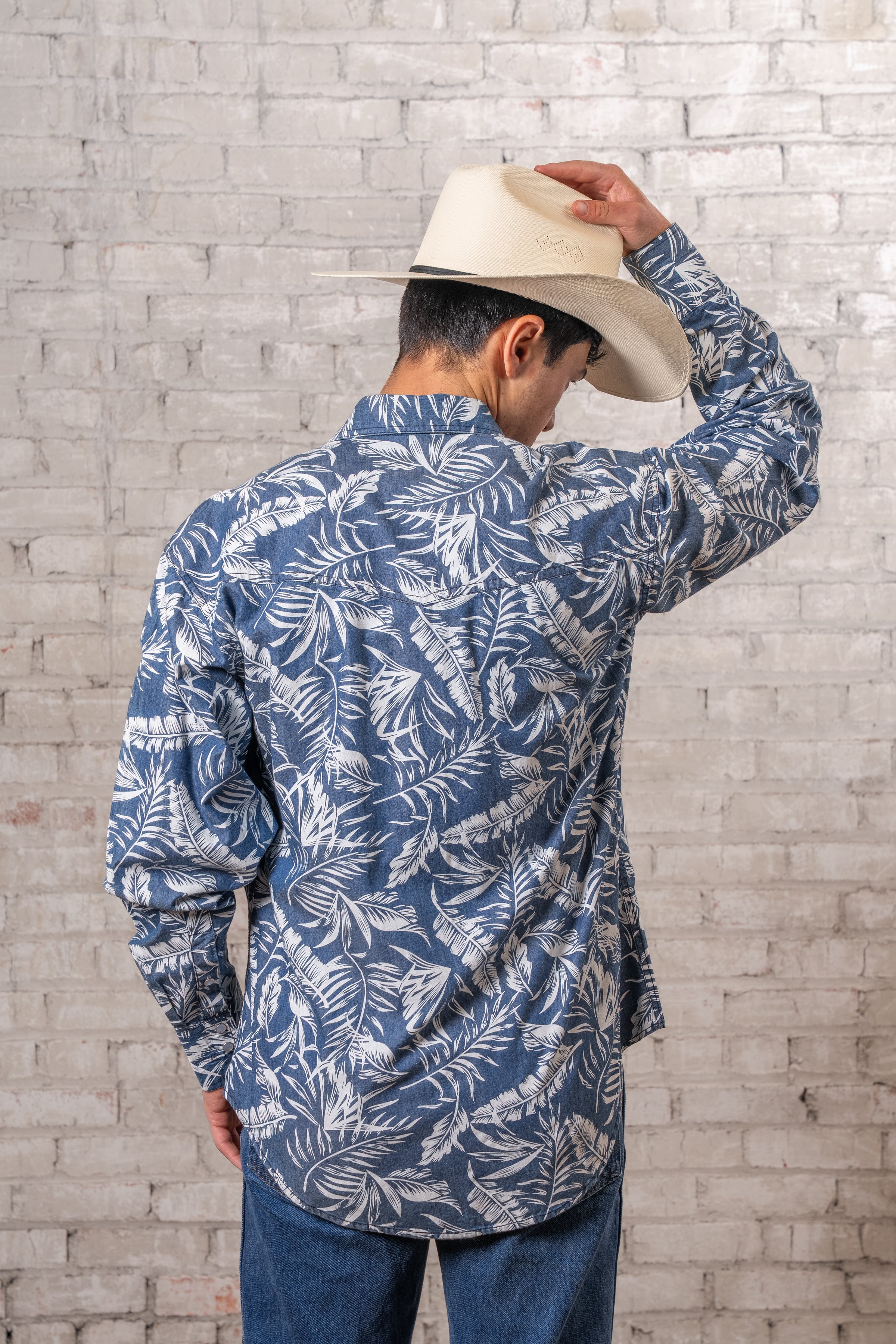 Men's Denim Floral Print Western Shirt