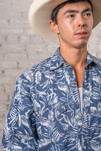 Men's Denim Floral Print Western Shirt