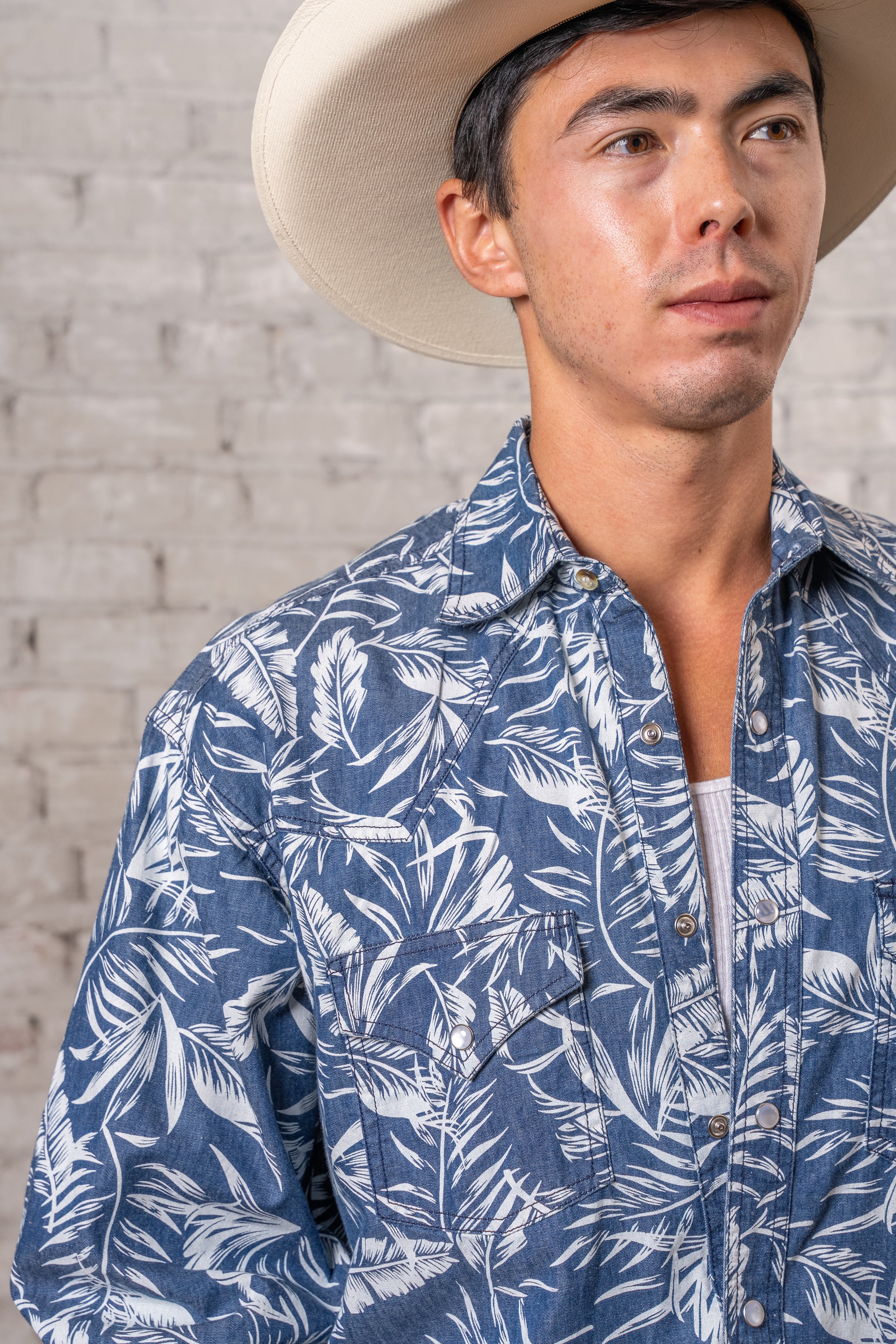 Men's Denim Floral Print Western Shirt