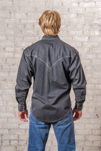 Men's Black Stonewashed Denim Blanket Stitch Western Shirt