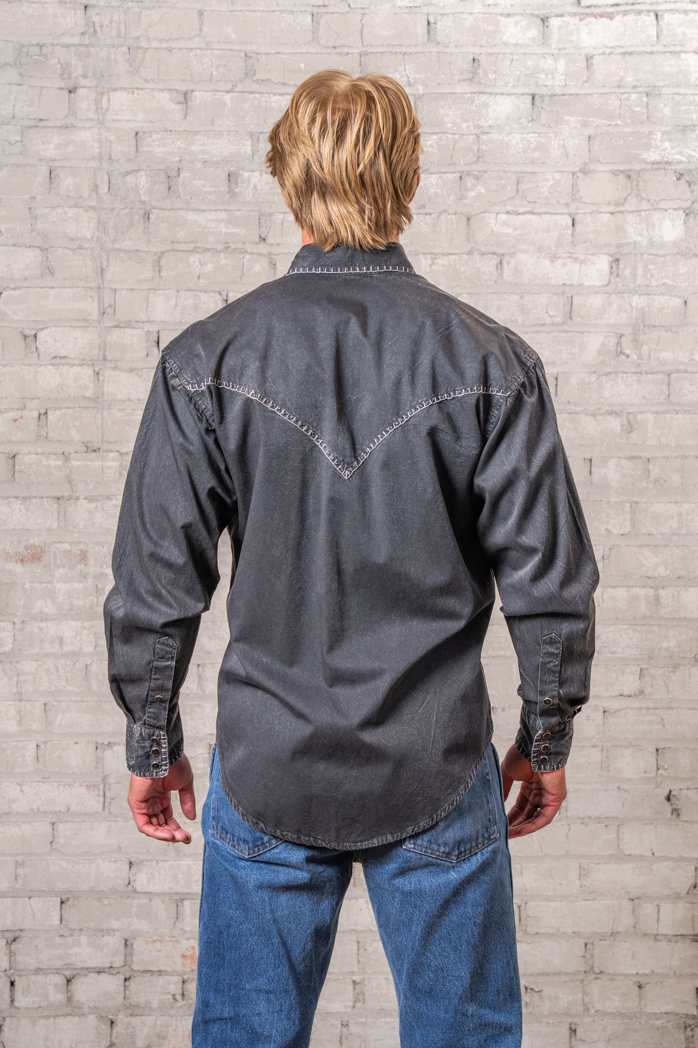 Men's Black Stonewashed Denim Blanket Stitch Western Shirt