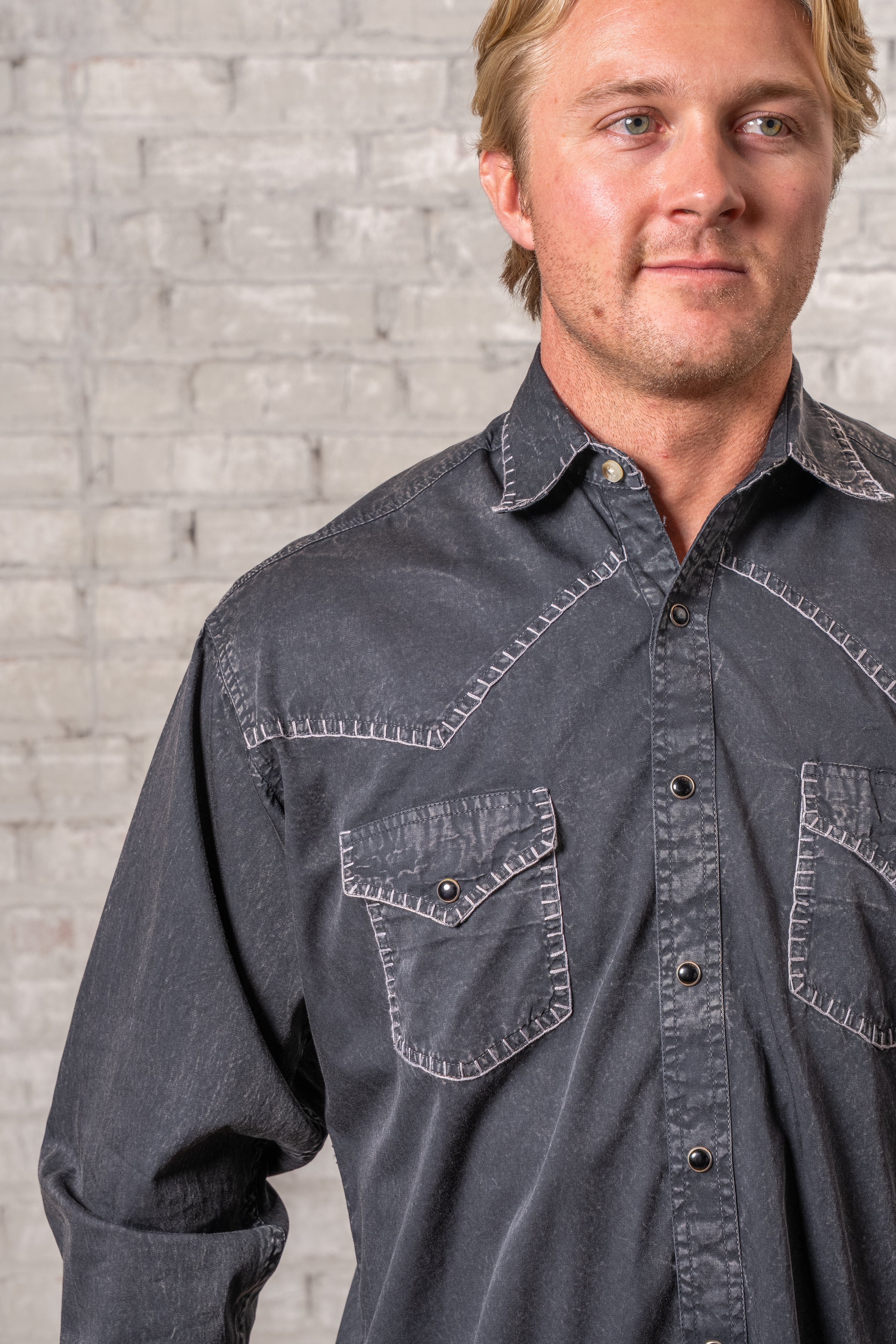 Men's Black Stonewashed Denim Blanket Stitch Western Shirt