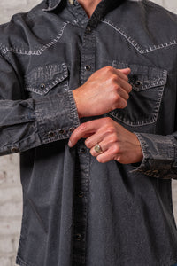Men's Black Stonewashed Denim Blanket Stitch Western Shirt