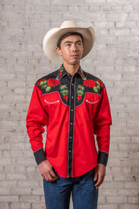 Men's Vintage 2-Tone Red Roses Embroidered Western Shirt