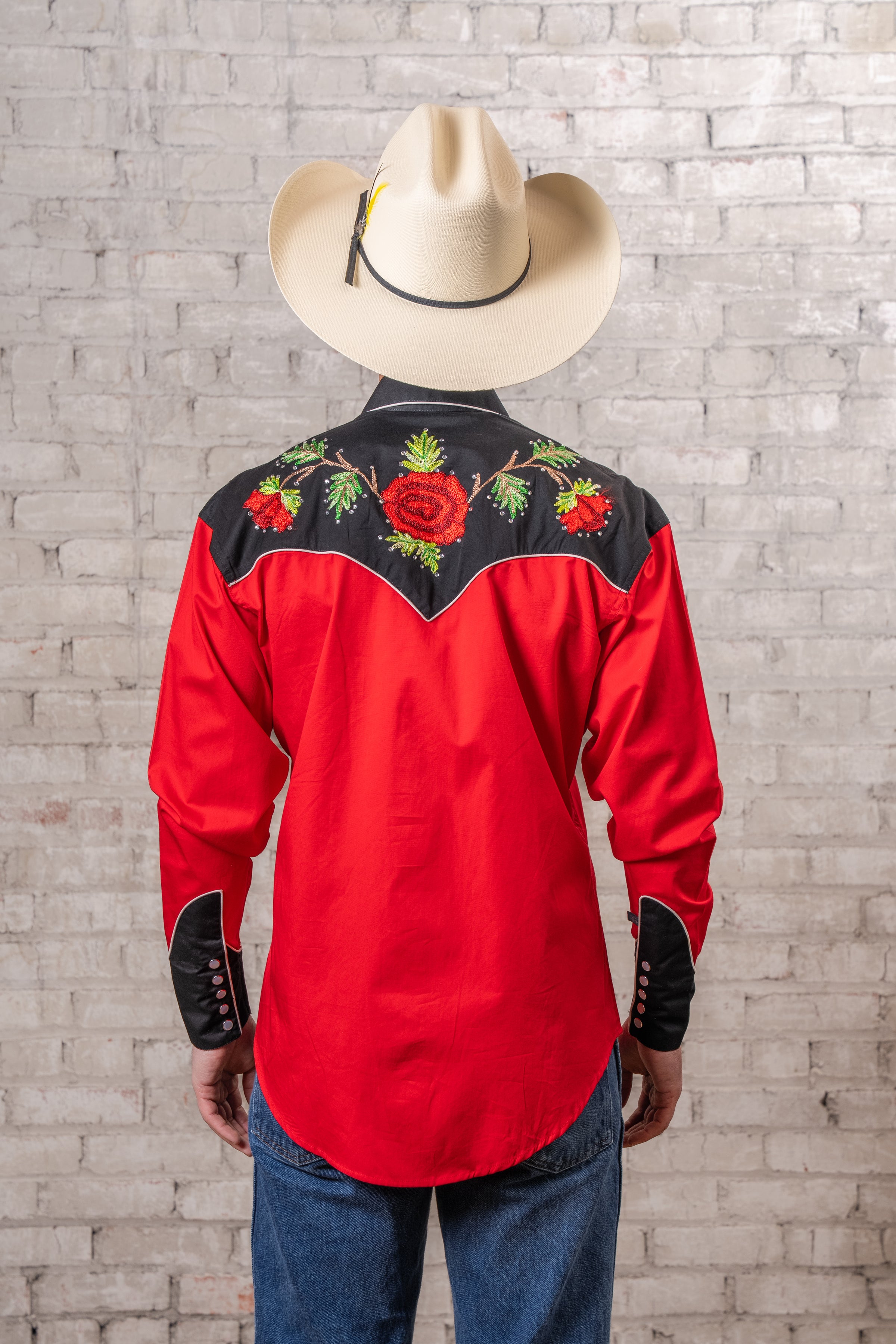 Men's Vintage 2-Tone Red Roses Embroidered Western Shirt