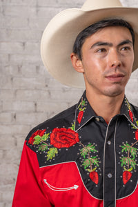 Men's Vintage 2-Tone Red Roses Embroidered Western Shirt