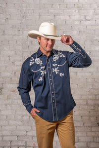 Men’s Vintage Navy Skull & Roses Chain Stitch Embroidered Western Shirt