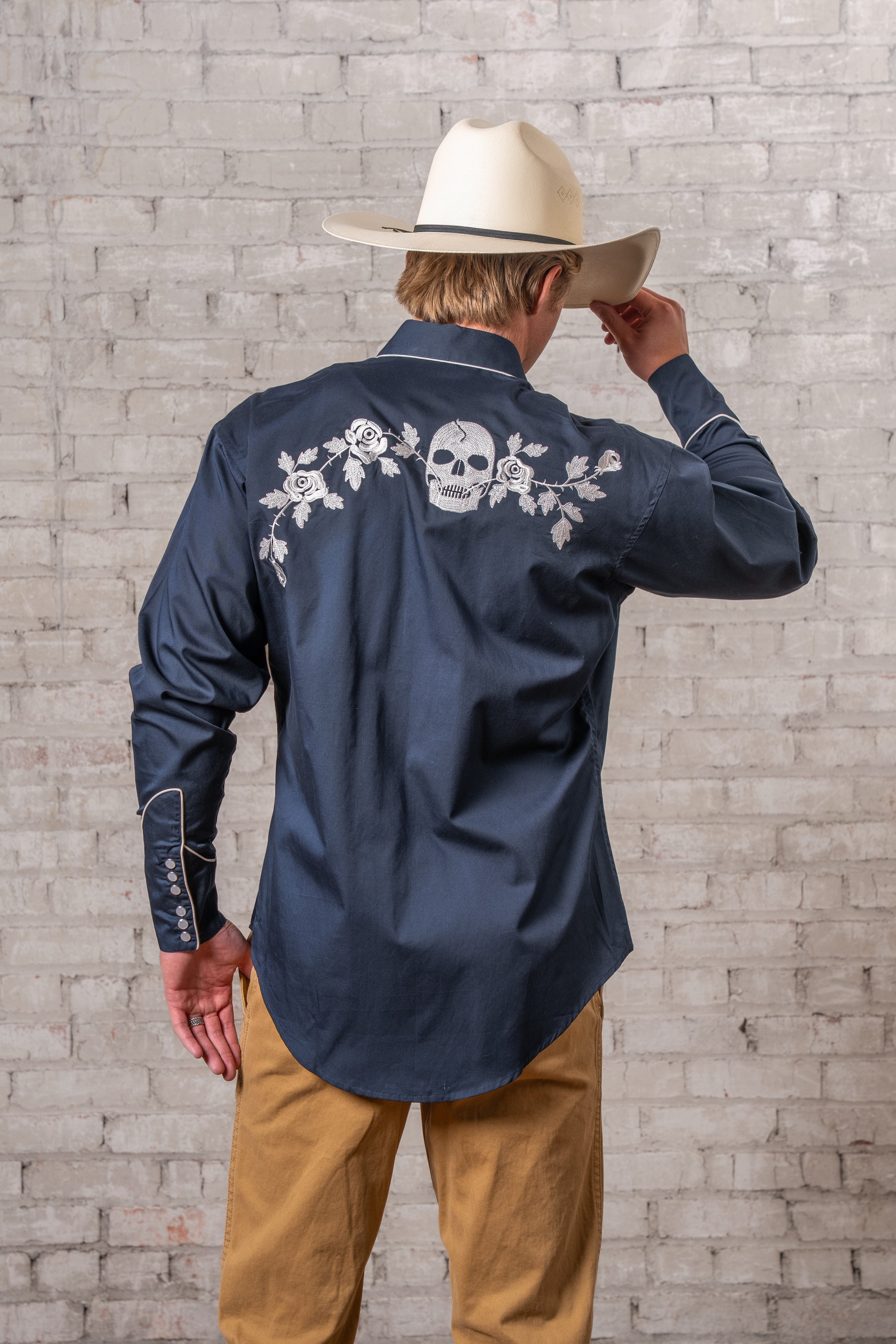 Men’s Vintage Navy Skull & Roses Chain Stitch Embroidered Western Shirt