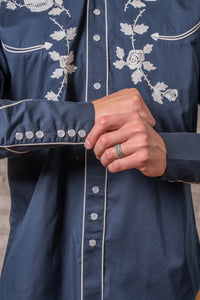 Men’s Vintage Navy Skull & Roses Chain Stitch Embroidered Western Shirt