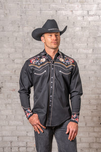 Men's Vintage Black Pastel Floral Embroidered Western Shirt
