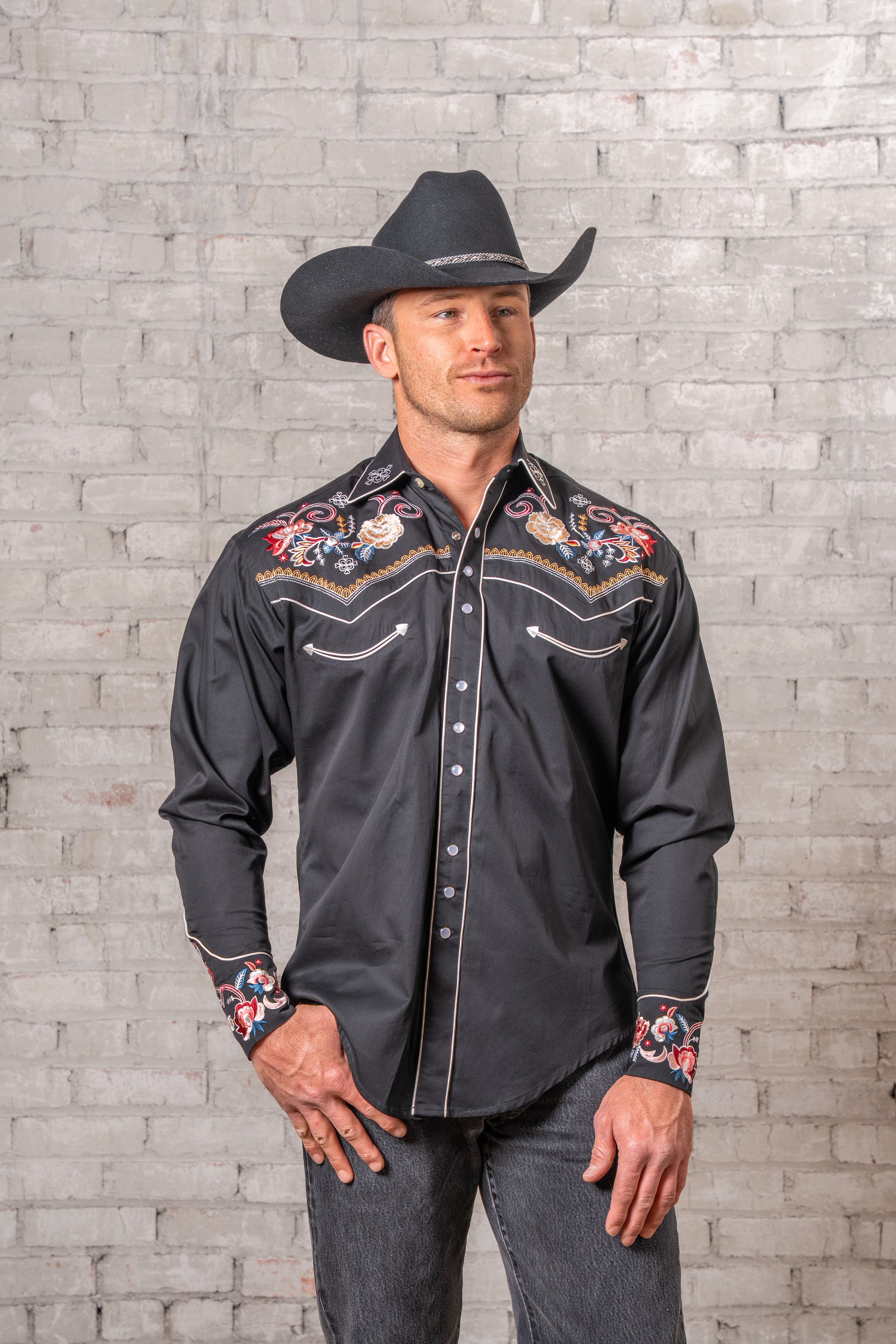 Men's Vintage Black Pastel Floral Embroidered Western Shirt