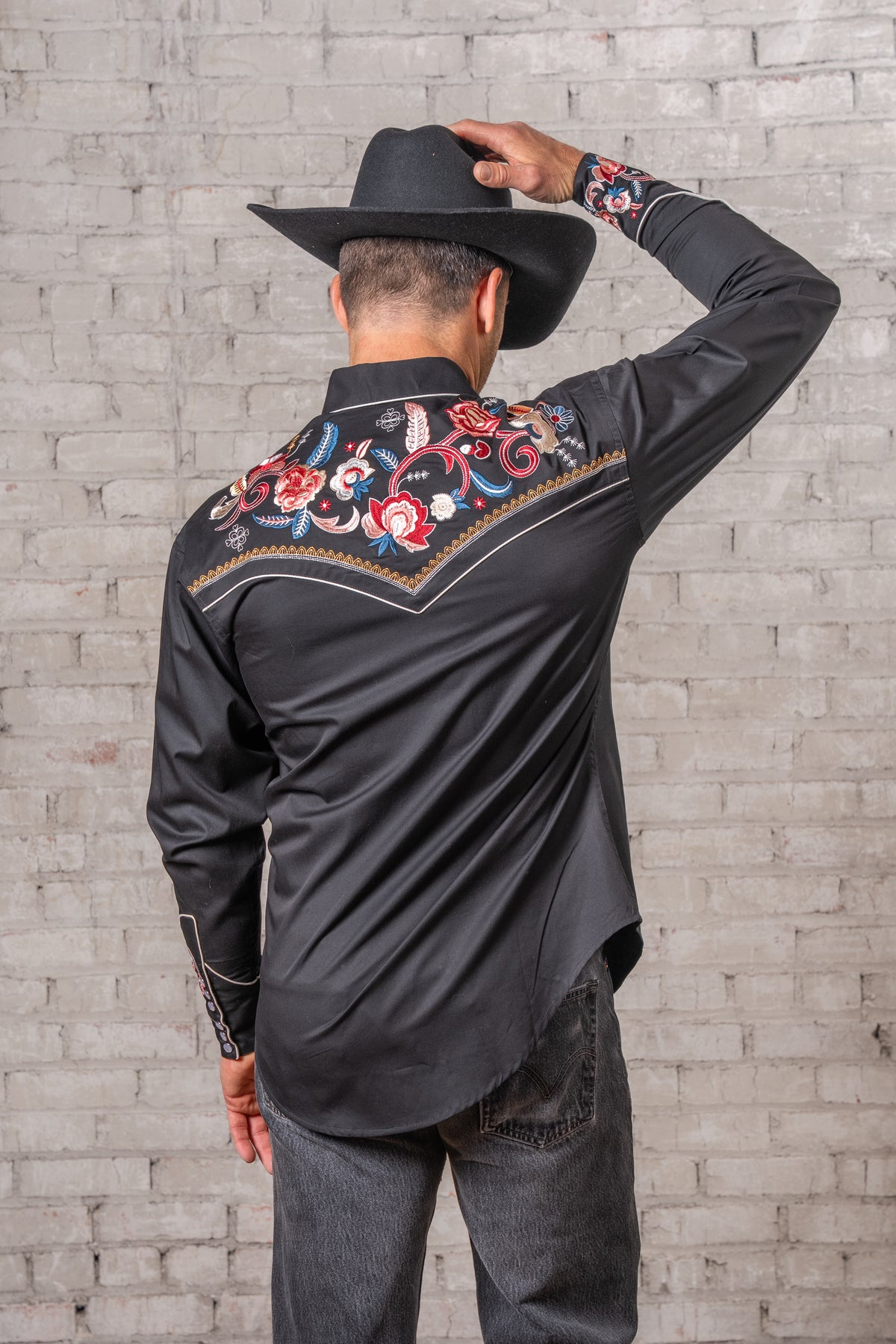 Men's Vintage Black Pastel Floral Embroidered Western Shirt