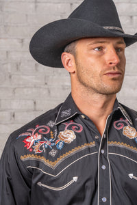 Men's Vintage Black Pastel Floral Embroidered Western Shirt