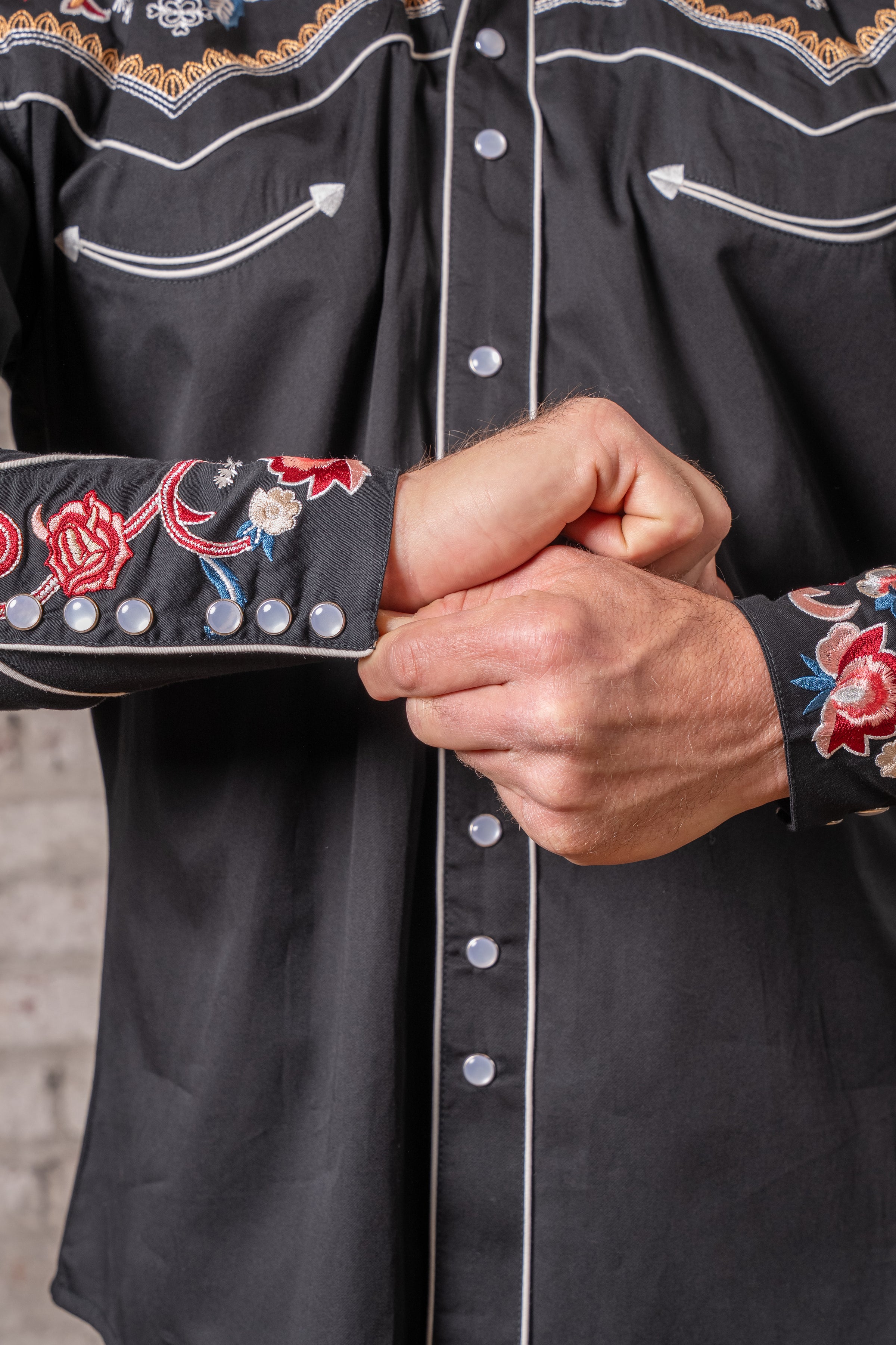 Men's Vintage Black Pastel Floral Embroidered Western Shirt