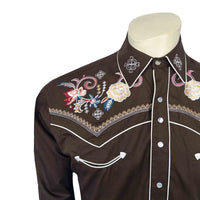 Men's Vintage Brown Pastel Floral Embroidered Western Shirt - Rockmount