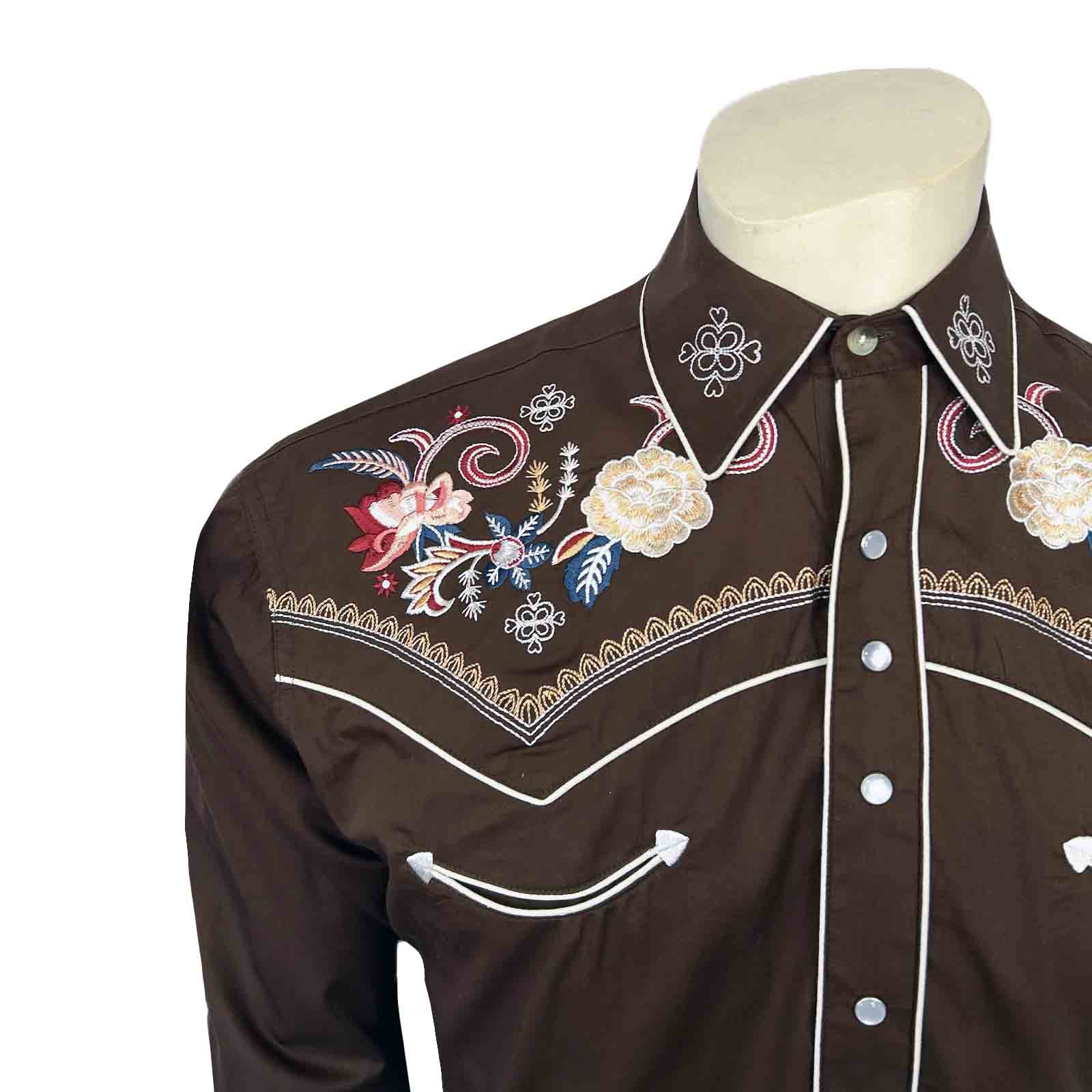 Men's Vintage Brown Pastel Floral Embroidered Western Shirt - Rockmount