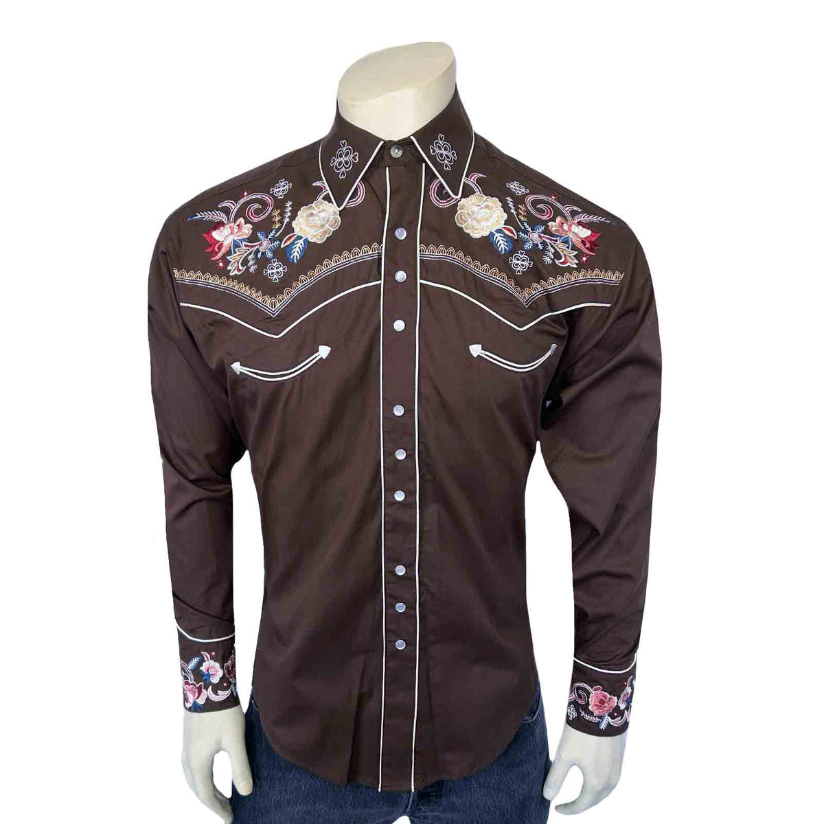 Men's Vintage Brown Pastel Floral Embroidered Western Shirt - Rockmount