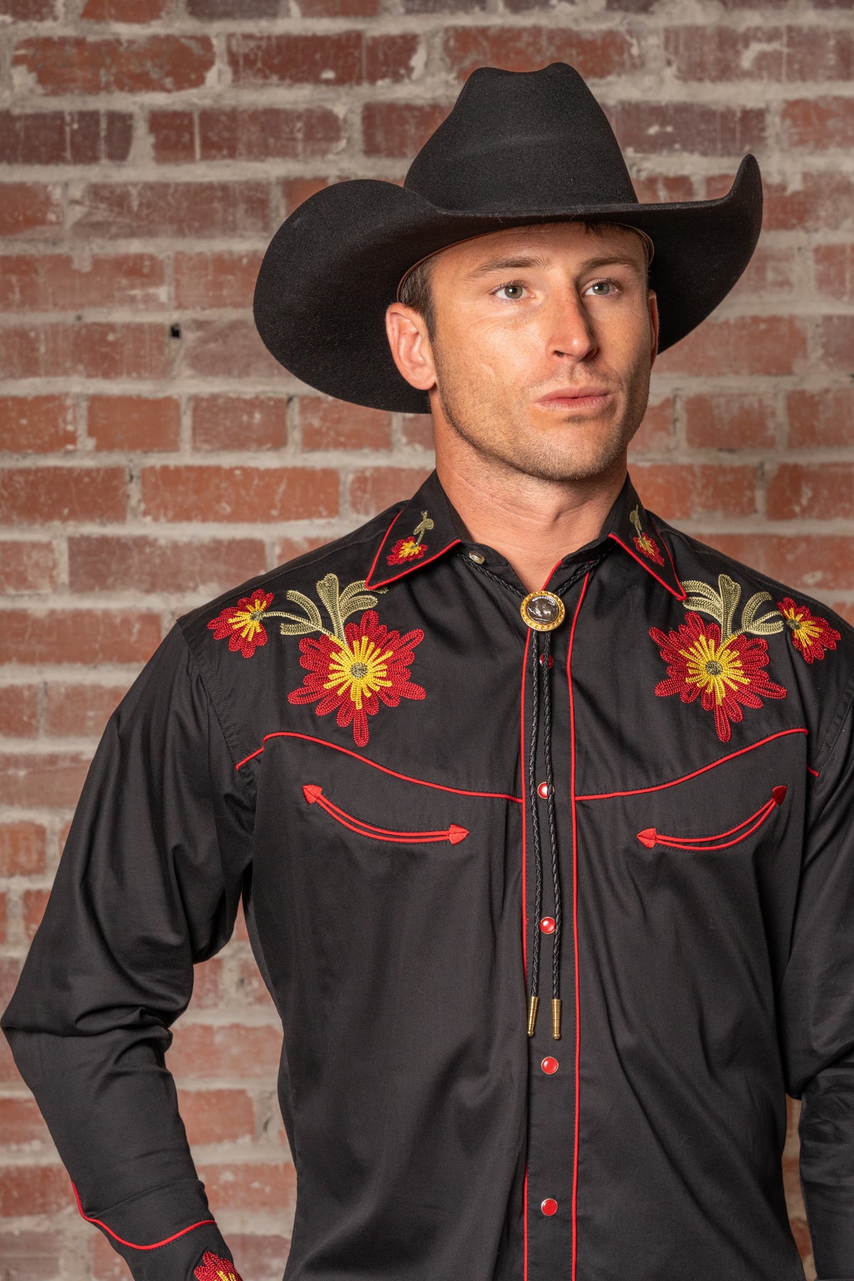 Men's Vintage Black Floral Chenille Embroidered Western Shirt by Rockmount Ranch Wear with embroidered floral details