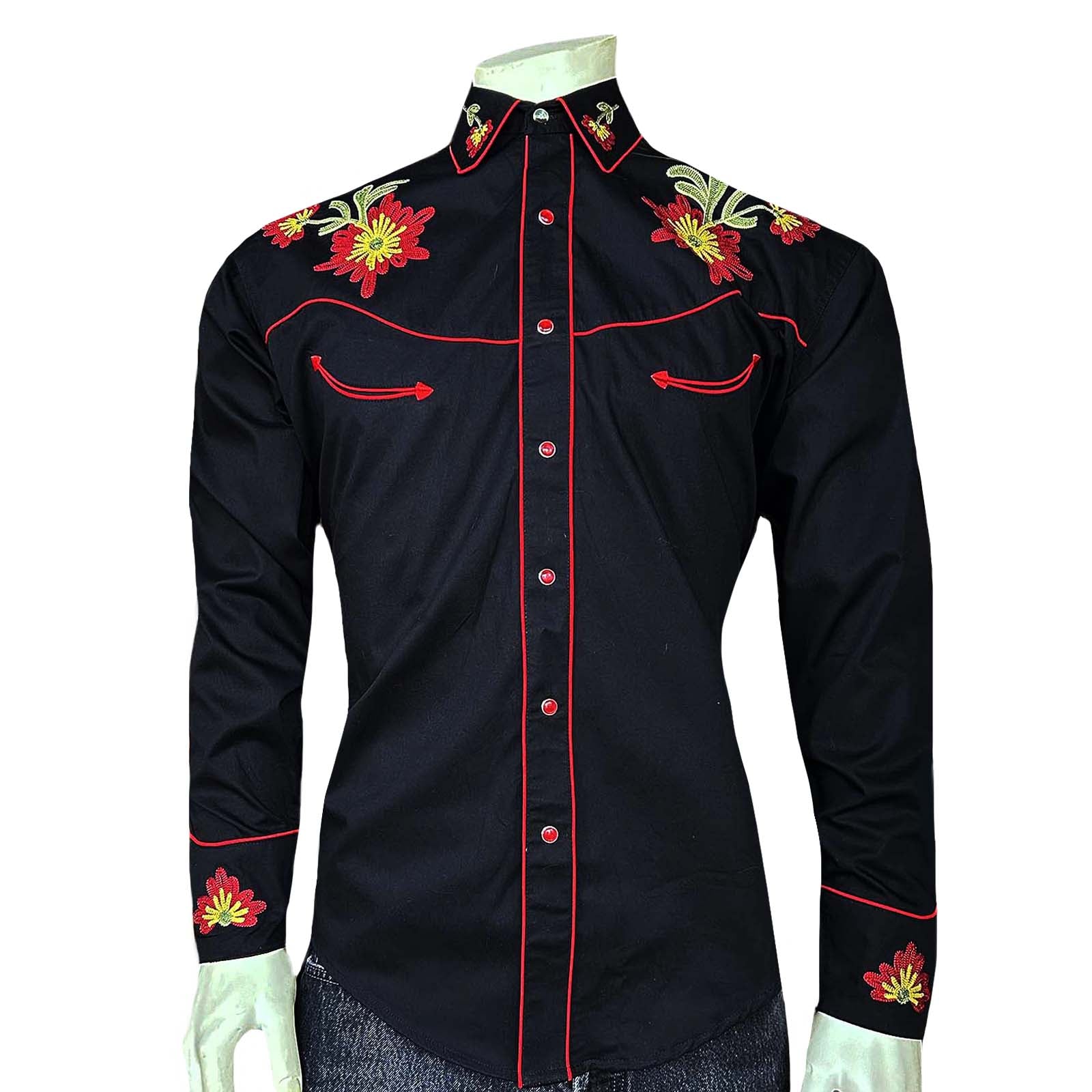 Men's Vintage Black Floral Chenille Embroidered Western Shirt