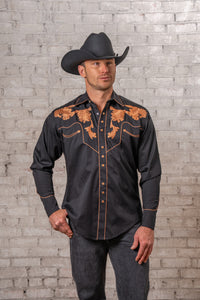 Men's Vintage Black Leaf Tooling Embroidered Western Shirt
