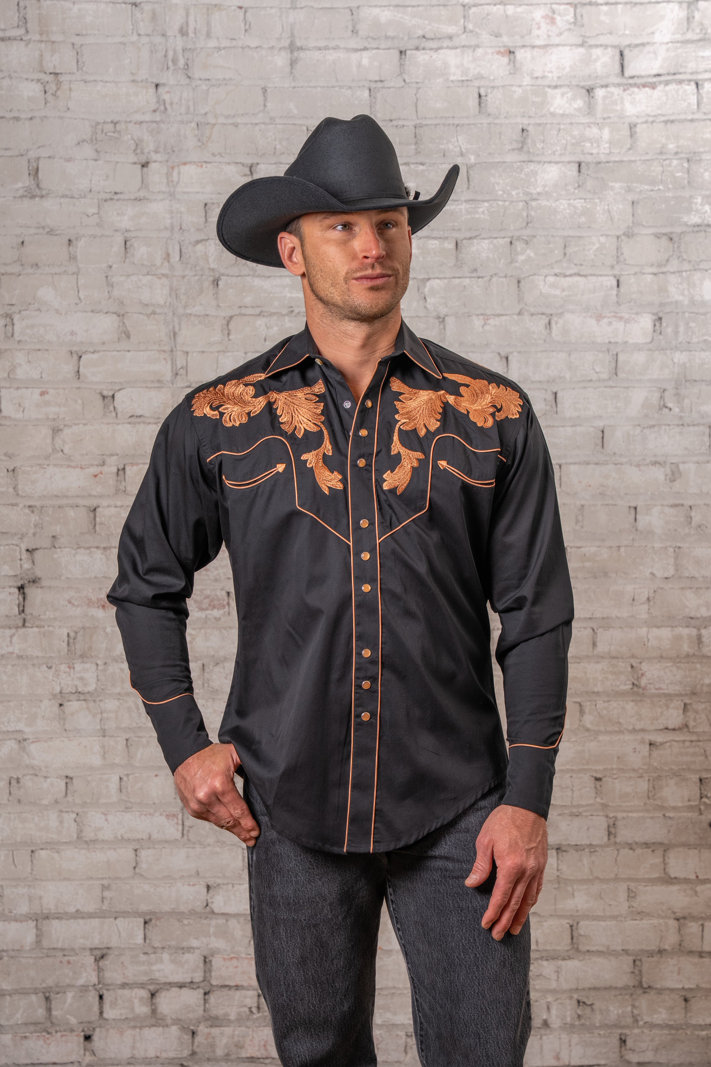Men's Vintage Black Leaf Tooling Embroidered Western Shirt