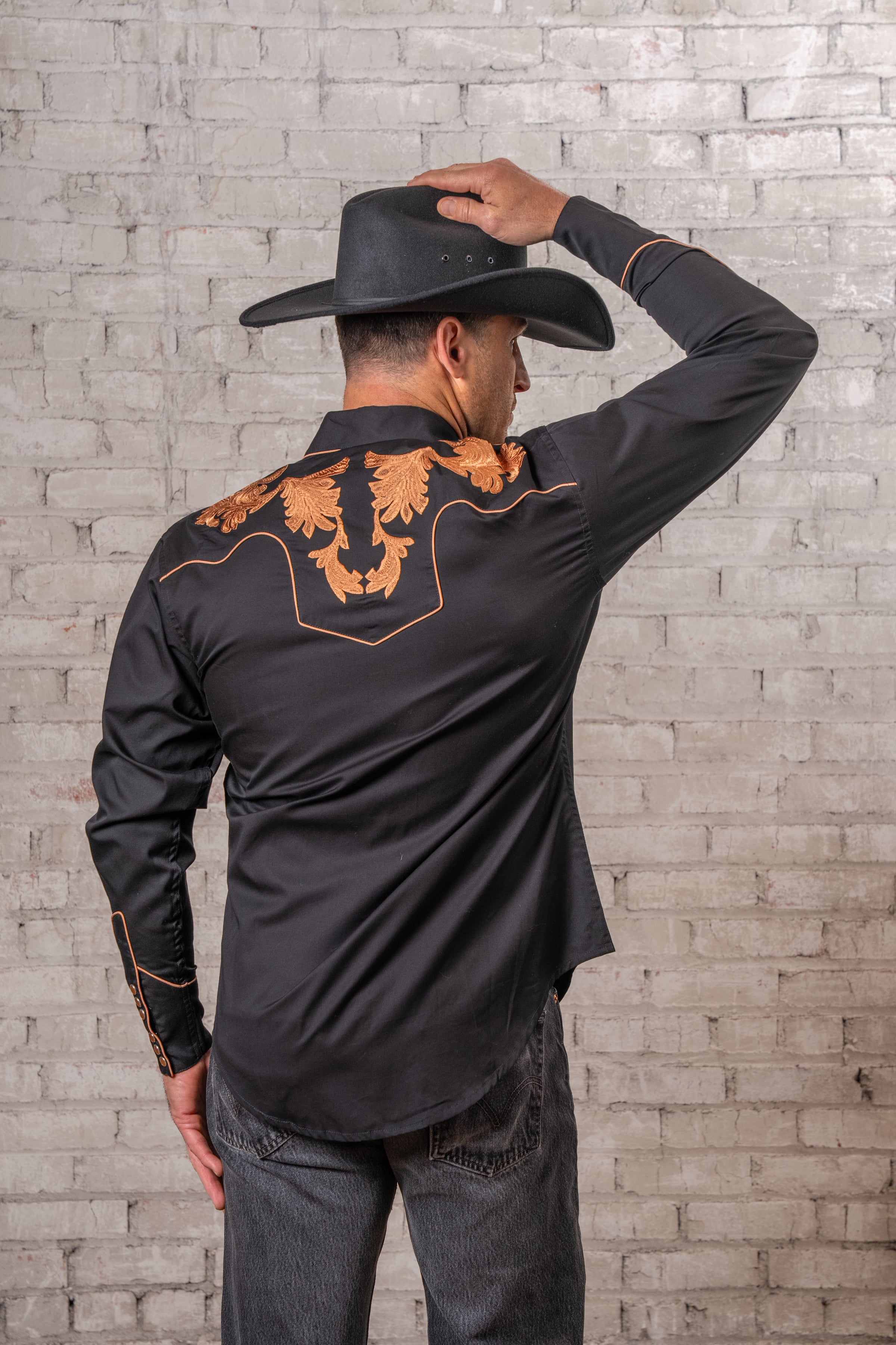 Men's Vintage Black Leaf Tooling Embroidered Western Shirt