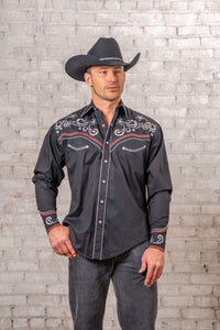 Men’s Vintage Black Stars & Scrolls Embroidered Western Shirt