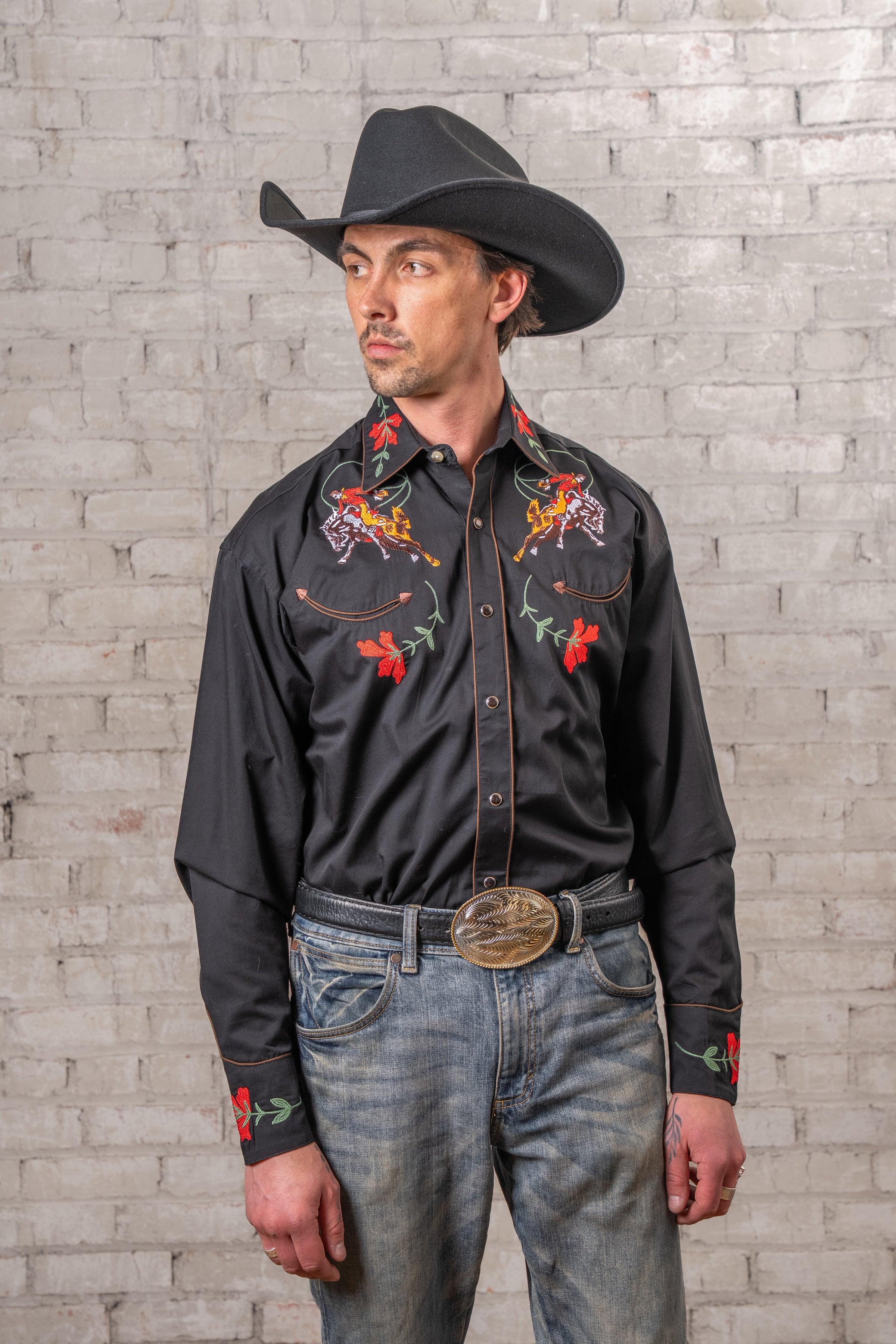 Men's Vintage Black Bronc Embroidered Western Shirt