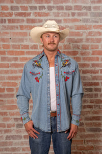 Men's Vintage Denim Bronc Embroidered Western Shirt