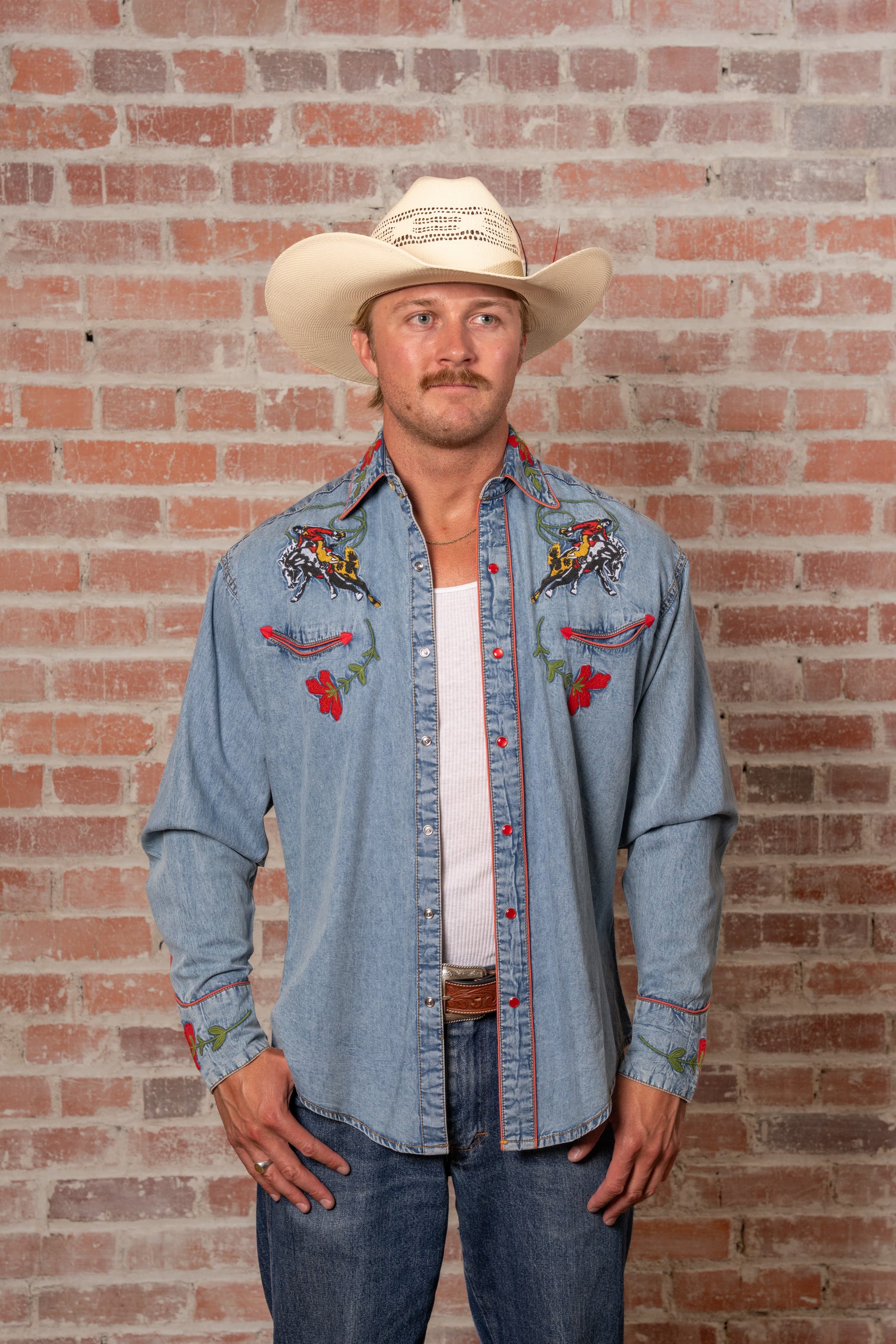 Men's Vintage Denim Bronc Embroidered Western Shirt